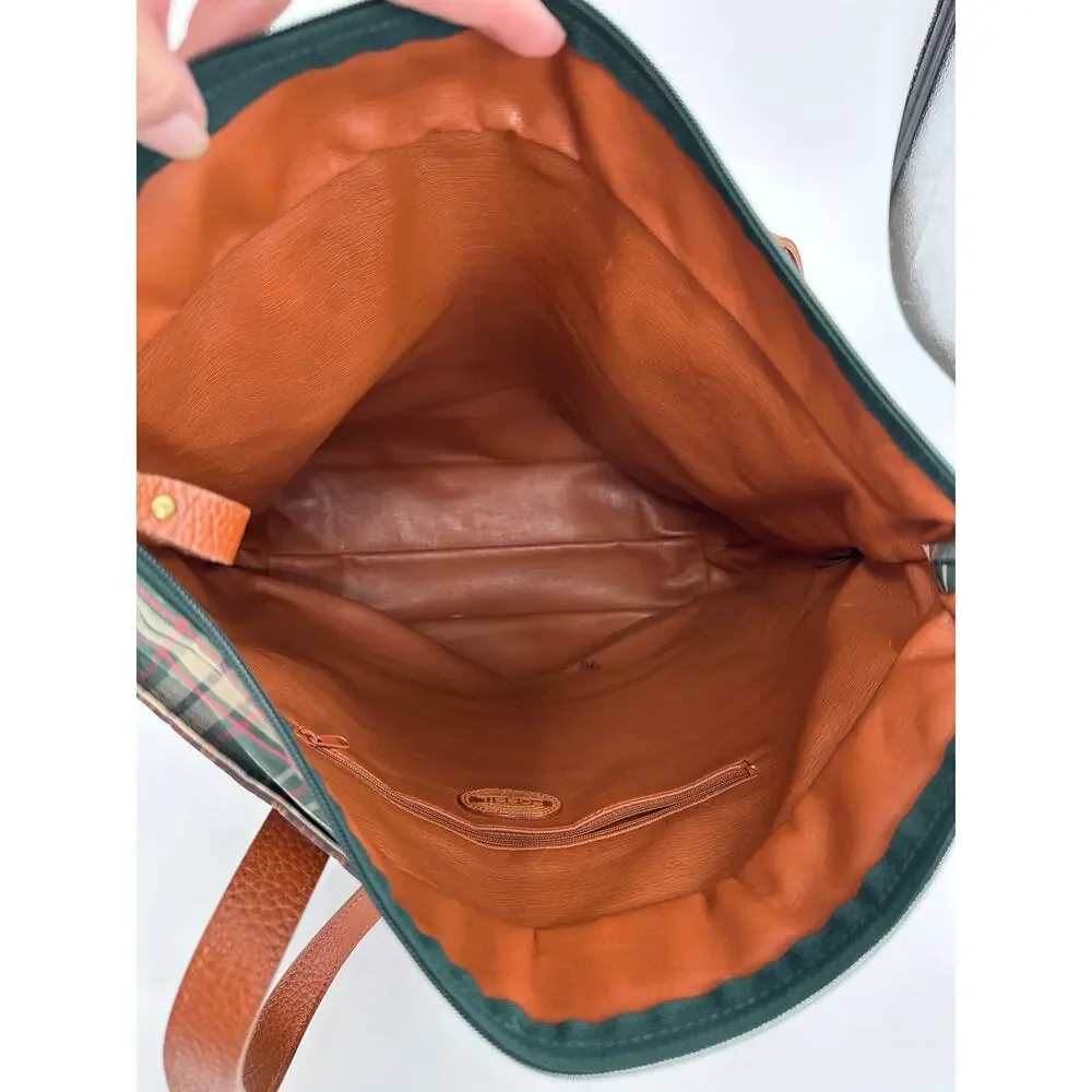Vintage Fossil Canvas Tote Mixed Plaid Cognac Leather Trim Y2K Zip Top